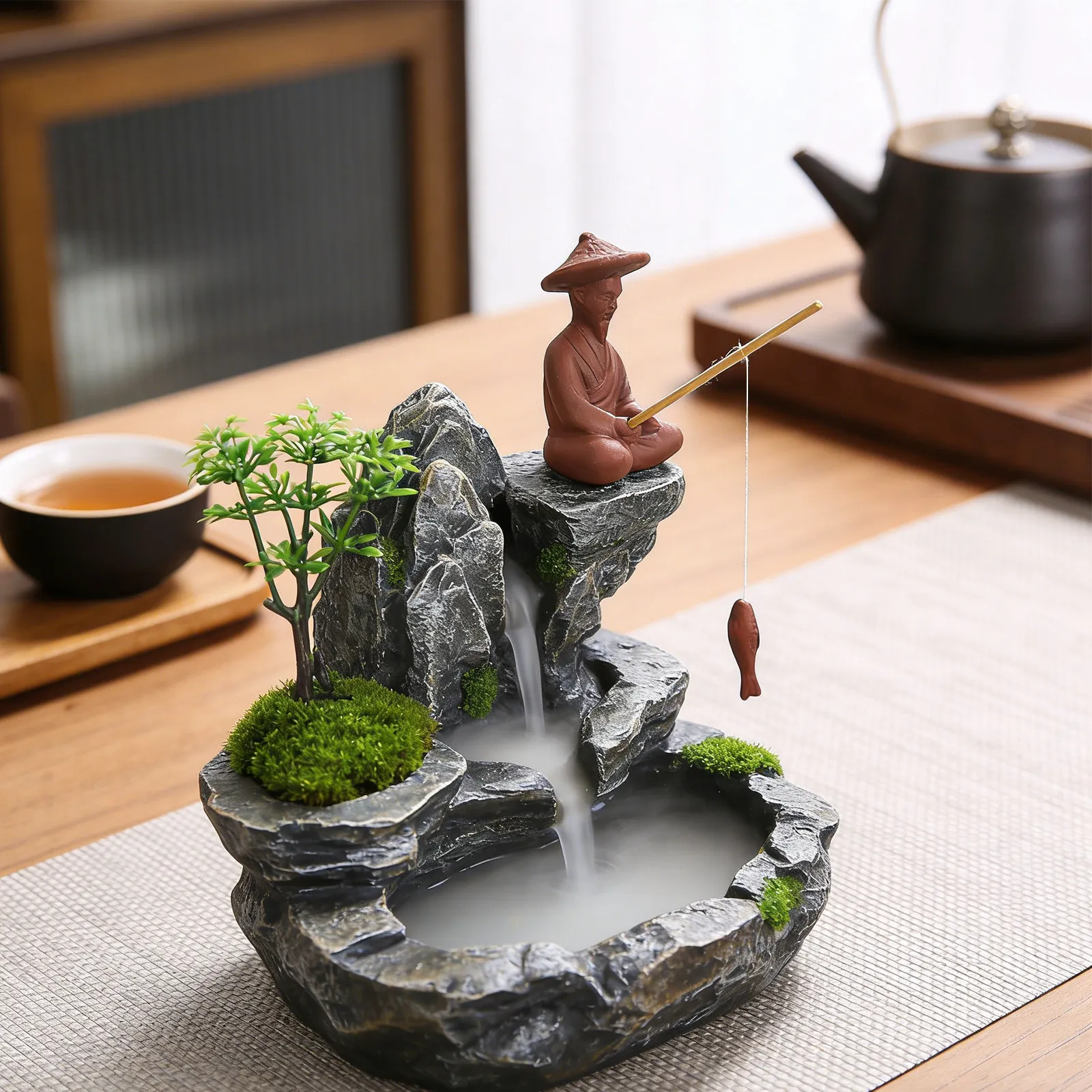 Miniature Chinese Fisherman Stoneware Old Man Fishing Statue for Bonsai Garden Zen Landscape Aquarium Fish Tank
