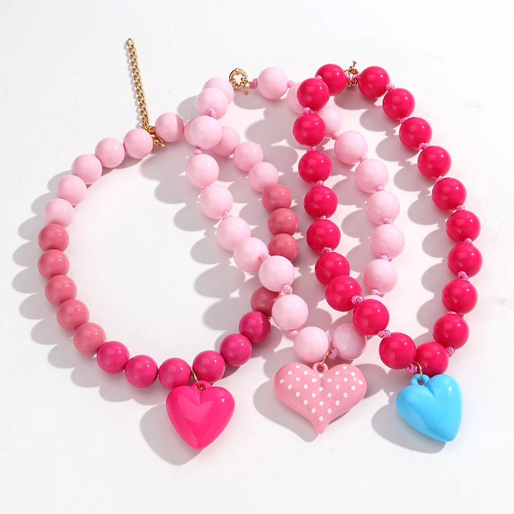 

New Colorful Acrylic Heart Pendant Necklace for Women Summer Trendy Handmade Round Beads Y2K Choker Statement Jewelry Gift
