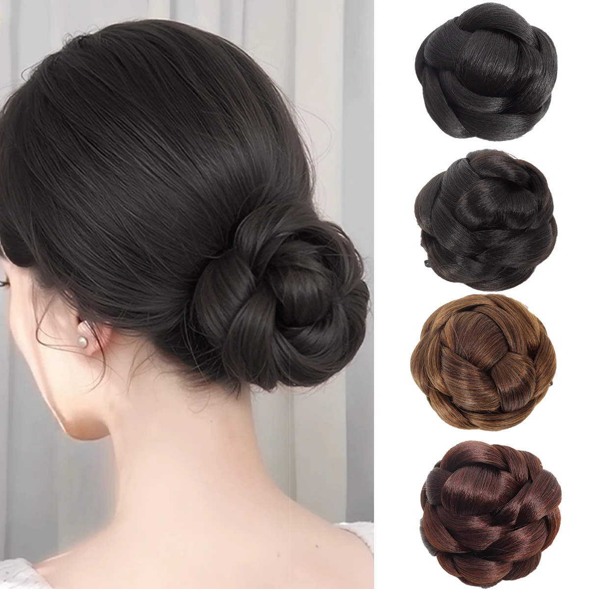 Klip ambil sintetis kuncup rambut malas wig sanggul rambut wanita ikat rendah kepala bola sanggul rambut tahan panas berwarna coklat dan hitam