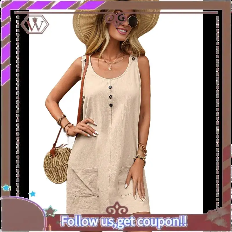 A95D-Summer Dress For Women Sleeveless Tank Dress With Pockets Casual Short A Line Dress Crewneck Sundress
