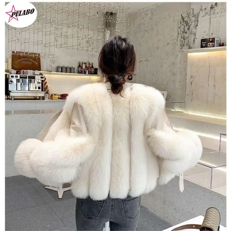 PULABO Winter Women's PU Fox Fur Vest with Sheepskin Collar Motorcycle Gilet Biker Jacket Waistcoat Female Man-Made Fur Coat ins