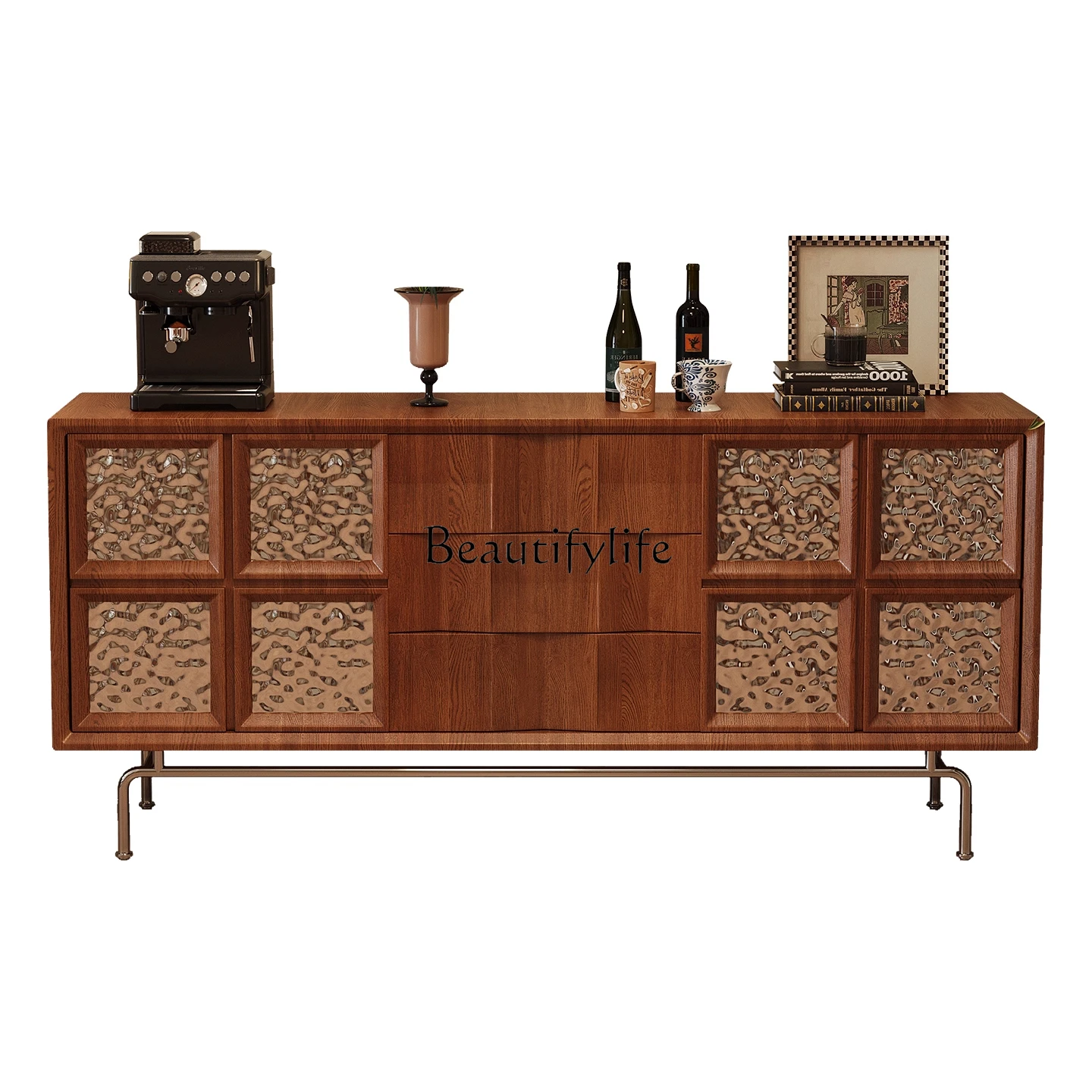 

French medieval all-solid wood dining side cabinet integrated storage storage side cabinet against the wall