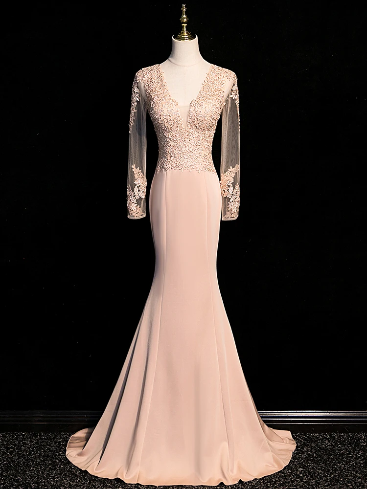 

Champagne Color Evening Gown Women's Heavy Work High-End Ele Lady Luxury Fi Tail Skirt Host andeur