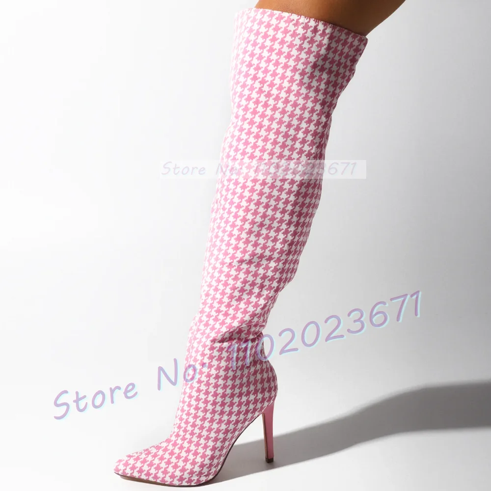 Pink Gingham Knee High Boots Women Trend High Class Print High Heels Shoes Ladies Side-zip Casual Fashion Pointy Winter Boots