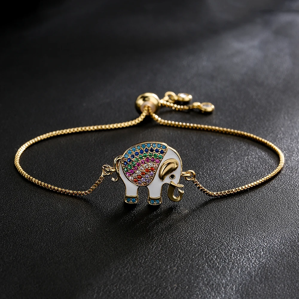 NEWBUY Hot Sale Colourful Cubic Zirconia Pave Setting Jewelry Gold Color Box Chain Elephant Charm Bracelets Adjustable For Women