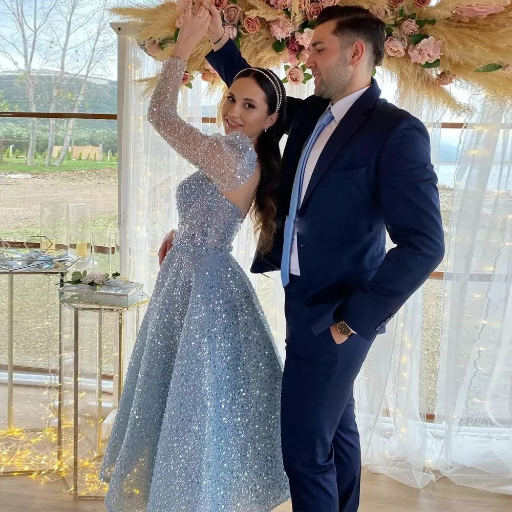 Blue Short Wedding Dress Sequined Long Sleeves Bridal Gowns Glitter Prom Dresses 2024 Luxury Saudi Arabric Wedding Party Dress