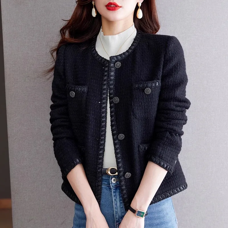 Autumn Winter Women's French Vintage Tweed Fragrant Coat Black Outwear Jackets