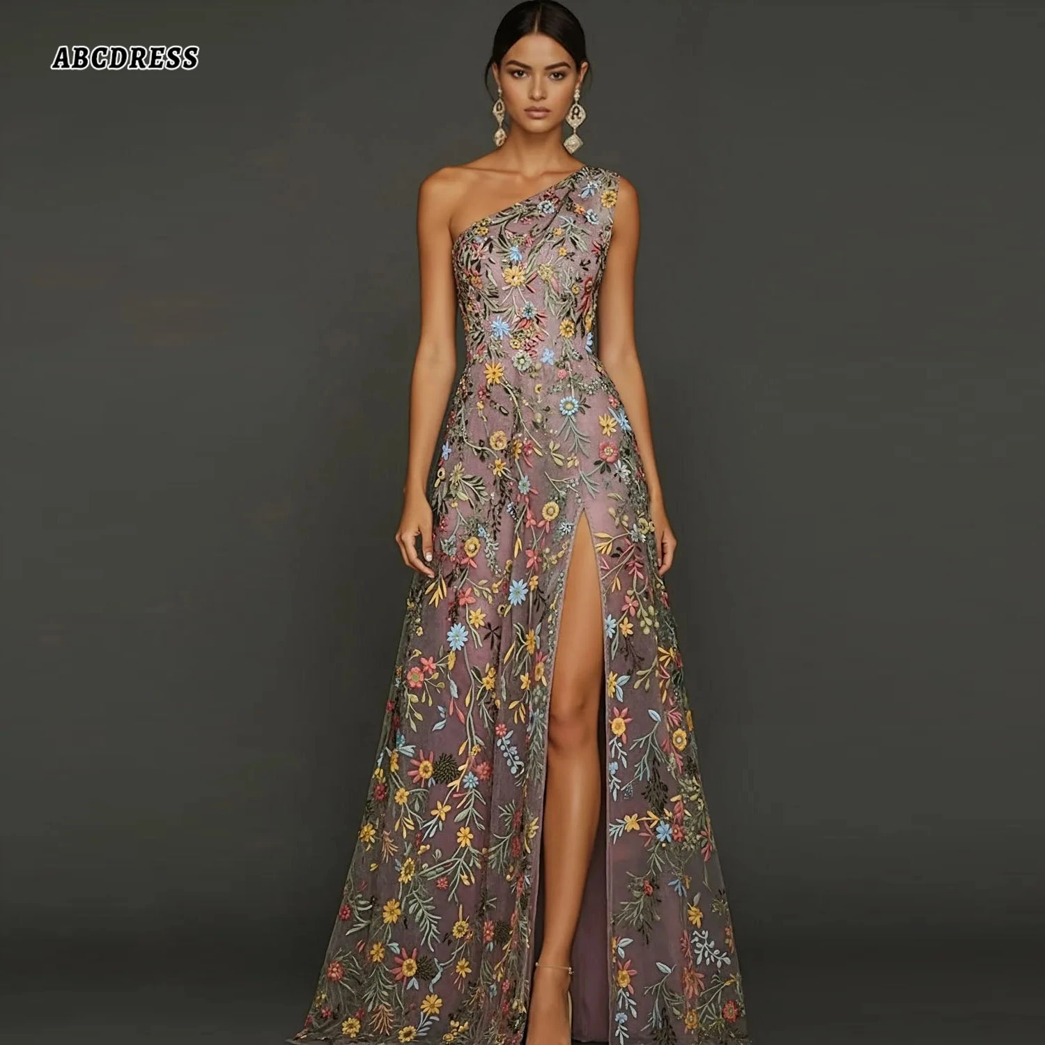 Customized Floral Embroidery Tulle Prom Dress One‑Shoulder Long Formal Evening Gown Backless Wedding Guest Dresses Plus Size