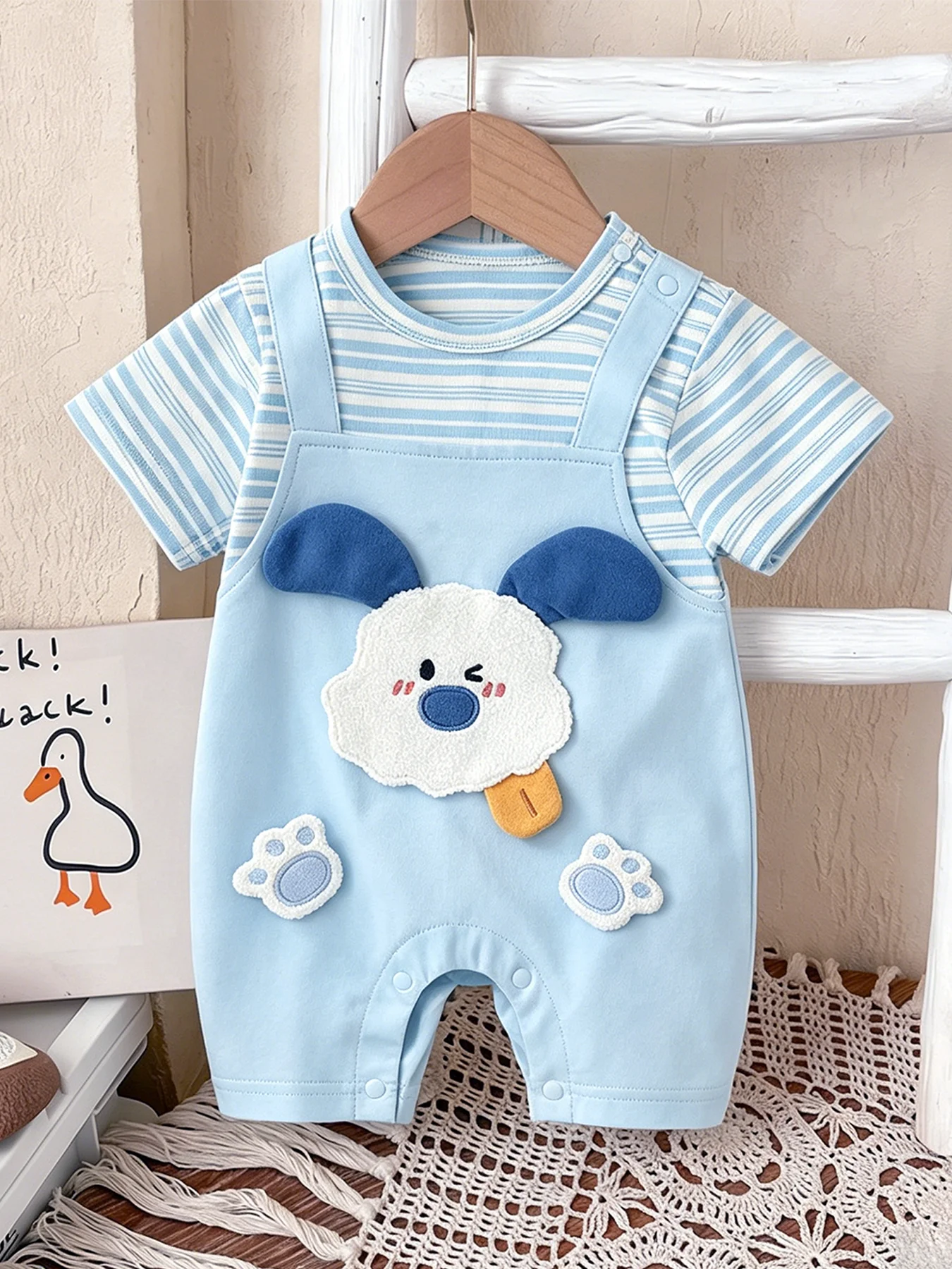 Boys' 3D Puppy Light Blue Striped Short-Sleeve Soft and Cute Cartoon Onesie for Baby Boys and Girls—Early Summer Outing Outfit