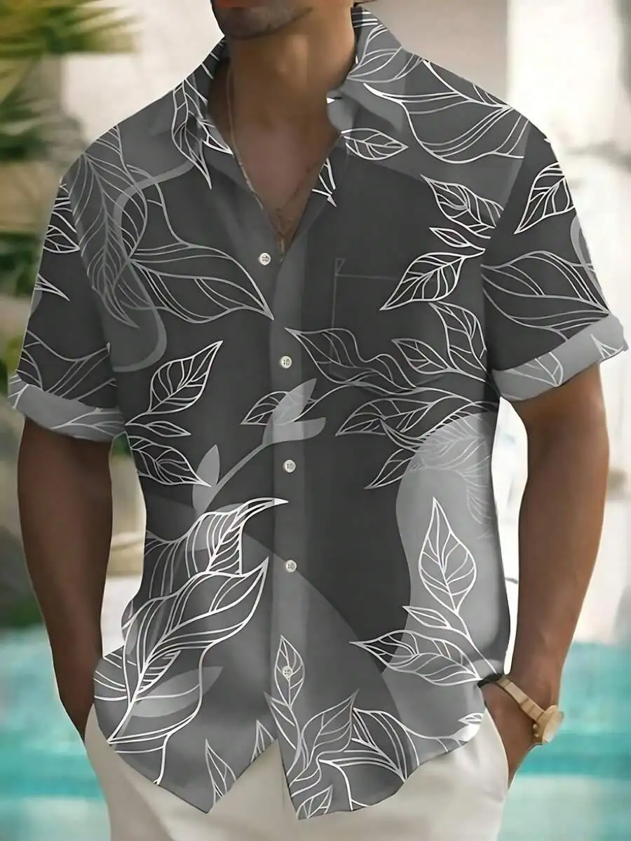 

Mens Casual Short Sleeve Button Up Shirt With Tropical Leaf Print For Summer Beach Wear