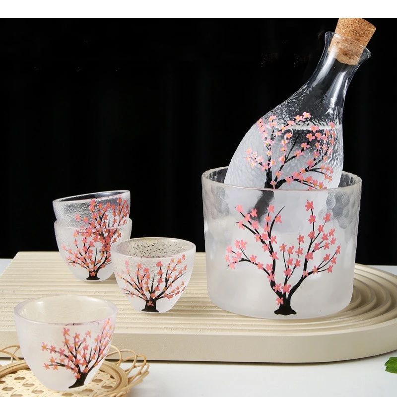 Cherry Blossom Pattern Glass Wine Set Japanese-style One Pot Four Cups Warm Sake Home Vodka Spirit