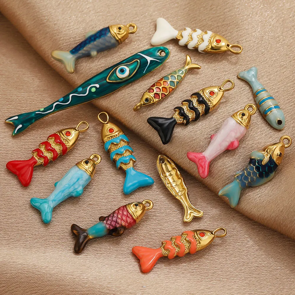 1/2개 스테인리스 스틸 에나멜 물고기 참 18K 금 도금 오션 펜던트 DIY 여성용 귀걸이 목걸이 쥬얼리 제작 용품