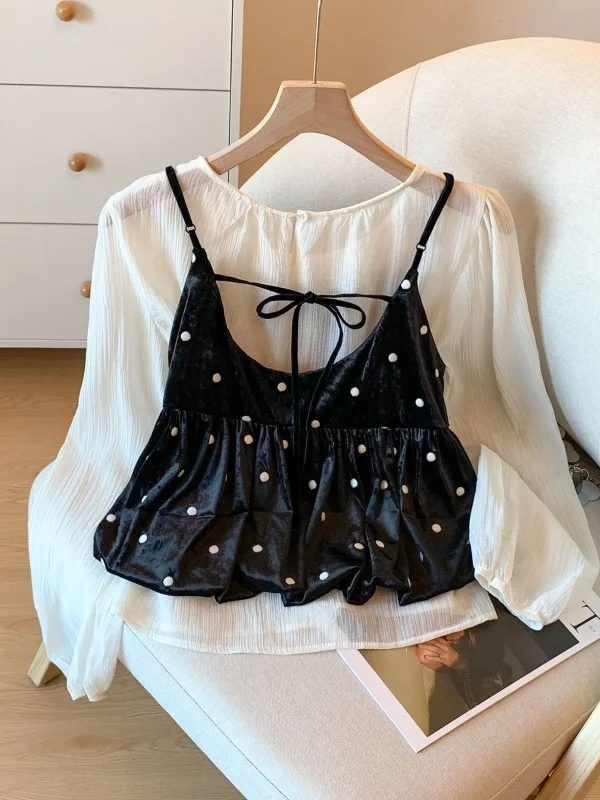 

Черный бархатный топ в горошек с бретелями для женщин, ранняя весна, многослойный комплект из двух предметов: топ с длинными рукавами и модный универсальный полиэстеровый комплект.