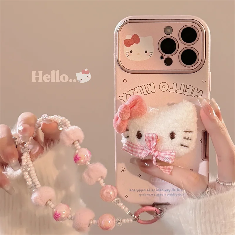 

Luxury Leather Cartoon Hello Kitty Plush Phone Case Protect For iPhone Case For iPhone 13 14 15 16 Pro Max KT Furry Wrist Strap