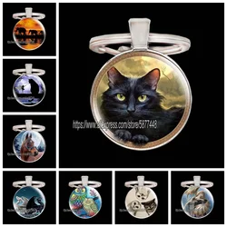 Animal Keychain Black Cat Horse Dragon Butterfly Glass Cabochon Key Chain Hedgehog Dragonfly and Moon Key Ring Pendant Keyring