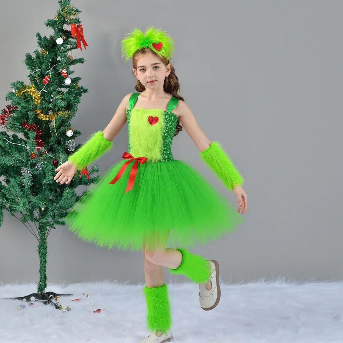 Green  Fur Cosplay Tutu Dress for Girls Cosplay Halloween Costumes for Kids Baby  Cartoon tulle Outfit Birthday Clothes