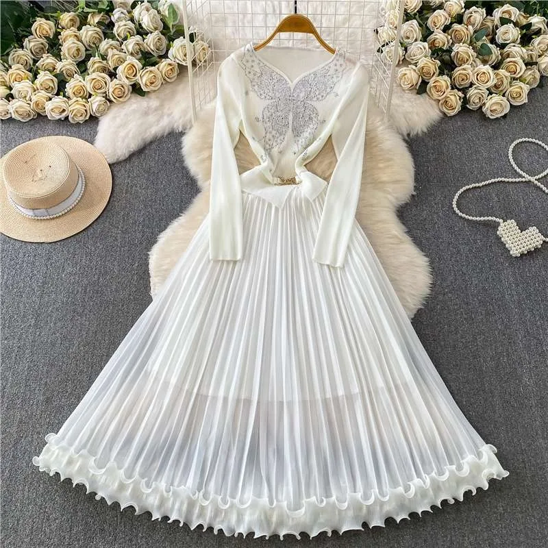 Miyake Pleated Dresses European Luxurious Diamond Decorated V-Neck Long Sleeve Fashionable Elegant Women's Stretch Long Dress