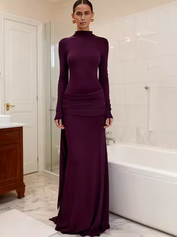 JULISSA MO Turtleneck Long Sleeve Ribbons Women Maxi Dress Round Neck High Waist Dress Winter Skinny Elegant Party Evening Dress