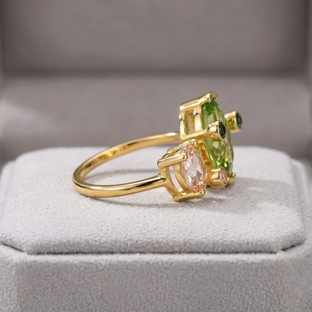 Größenverstellbarer Damenring mit grünem und pinkfarbenem Zirkonia, Modeschmuck für den Alltag und Partys, Geschenk für sie. – Detail 6