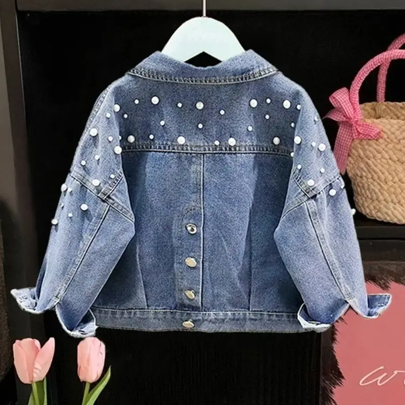 

Spring Autumn Girls Denim Jacket 2024 Korean Korean New Loose Long Sleeve Sweet Pearl Beading Lapel Coat Button Cardigan Jacket