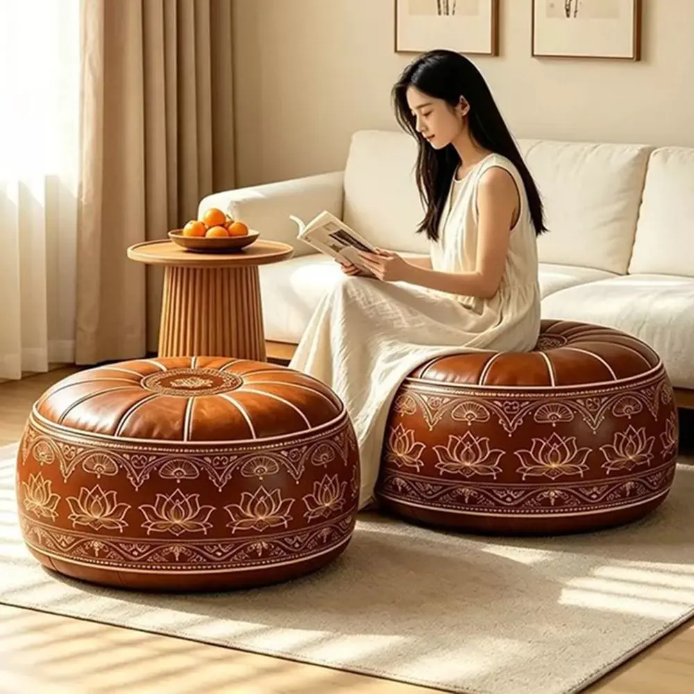 New PU Leather Fillable Ottoman Pouf Round Shape Embroidered Pattern Round Pouf Cover Moroccan Style Floor Seat Cushion Home Use