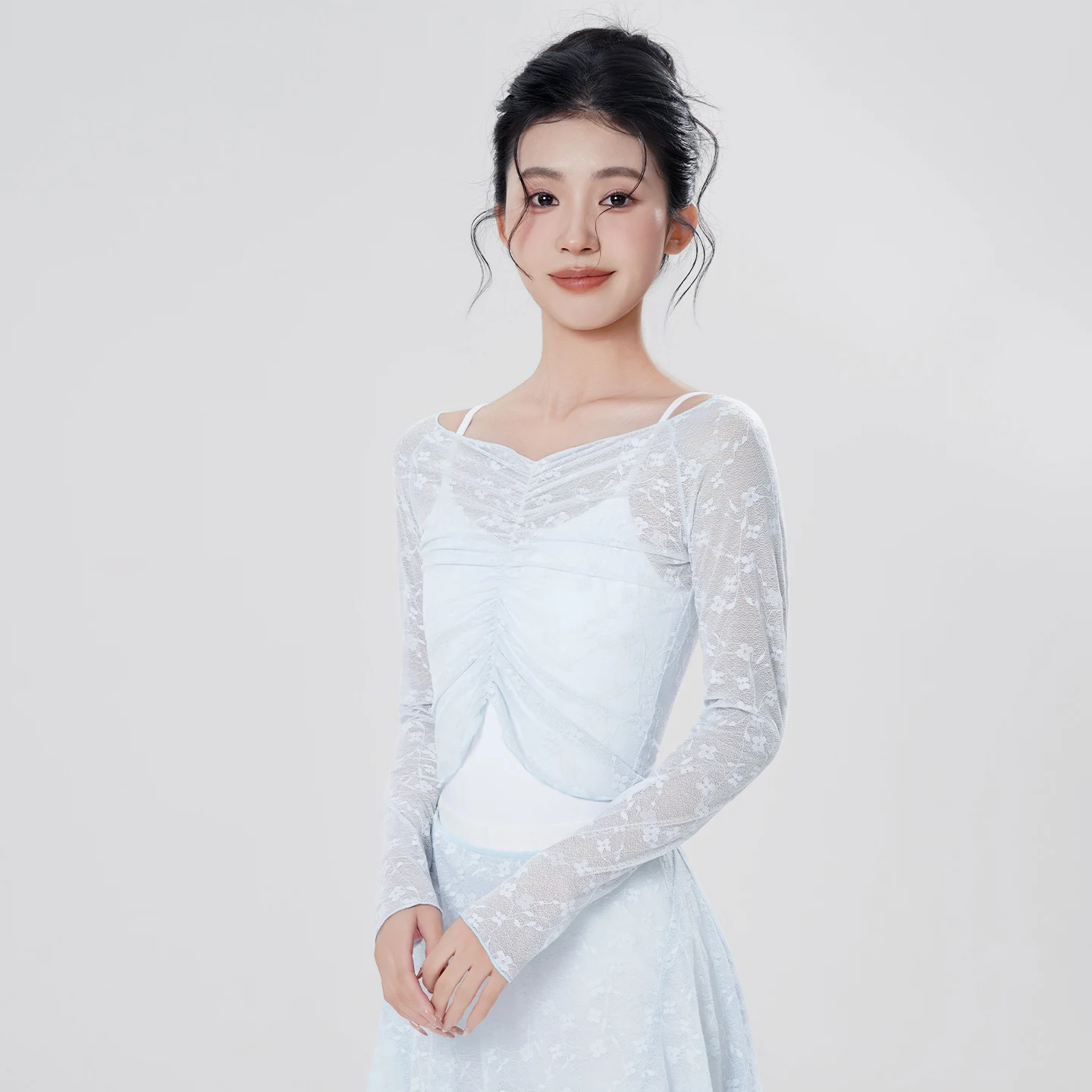 Frau Tanz Tops Spitze Brust Plissee Tops Langarm Modern Dance Outfit Erwachsene Teen Gymnastic Yoga Ausbildung Gedruckt Bluse