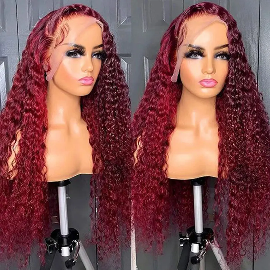 99j Bordeauxrood 13X6 Hd Deep Wave Lace Frontale Pruiken Gekleurd Krullend Mensenhaar Pruik Rood Deep Wave 4X4 Lace Front Sluiting Pruik 30 Inch