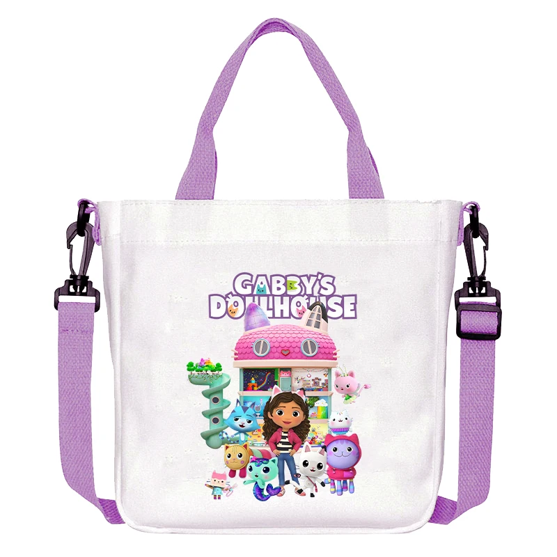 กระเป๋าสะพายข้าง Gabby Dollhouses สำหรับผู้หญิง กระเป๋าผ้าแคนวาสลายอนิเมะ กระเป๋าถือสำหรับสาวๆ ใช้สำหรับช้อปปิ้ง เดินทาง จัดระเบียบ กระเป๋าสะพายไหล่แฟชั่น ของขวัญวันเกิด