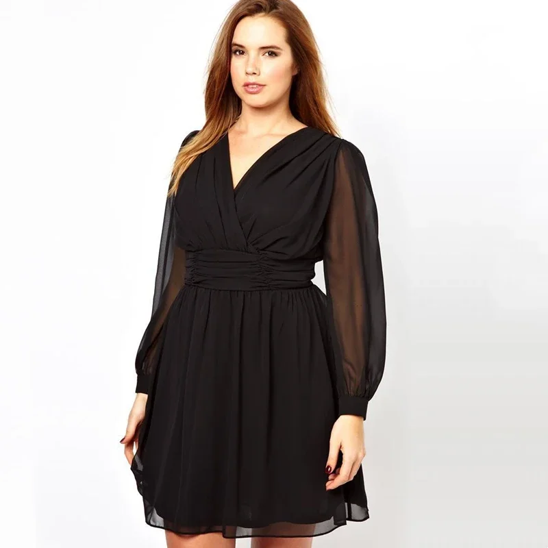 Plus Size Lange Lantaarn Mouw Chiffon Feestjurk Vrouwen Sexy V-hals Lente Knielengte Zwarte Elegante Mode A-lijn Wikkeljurk