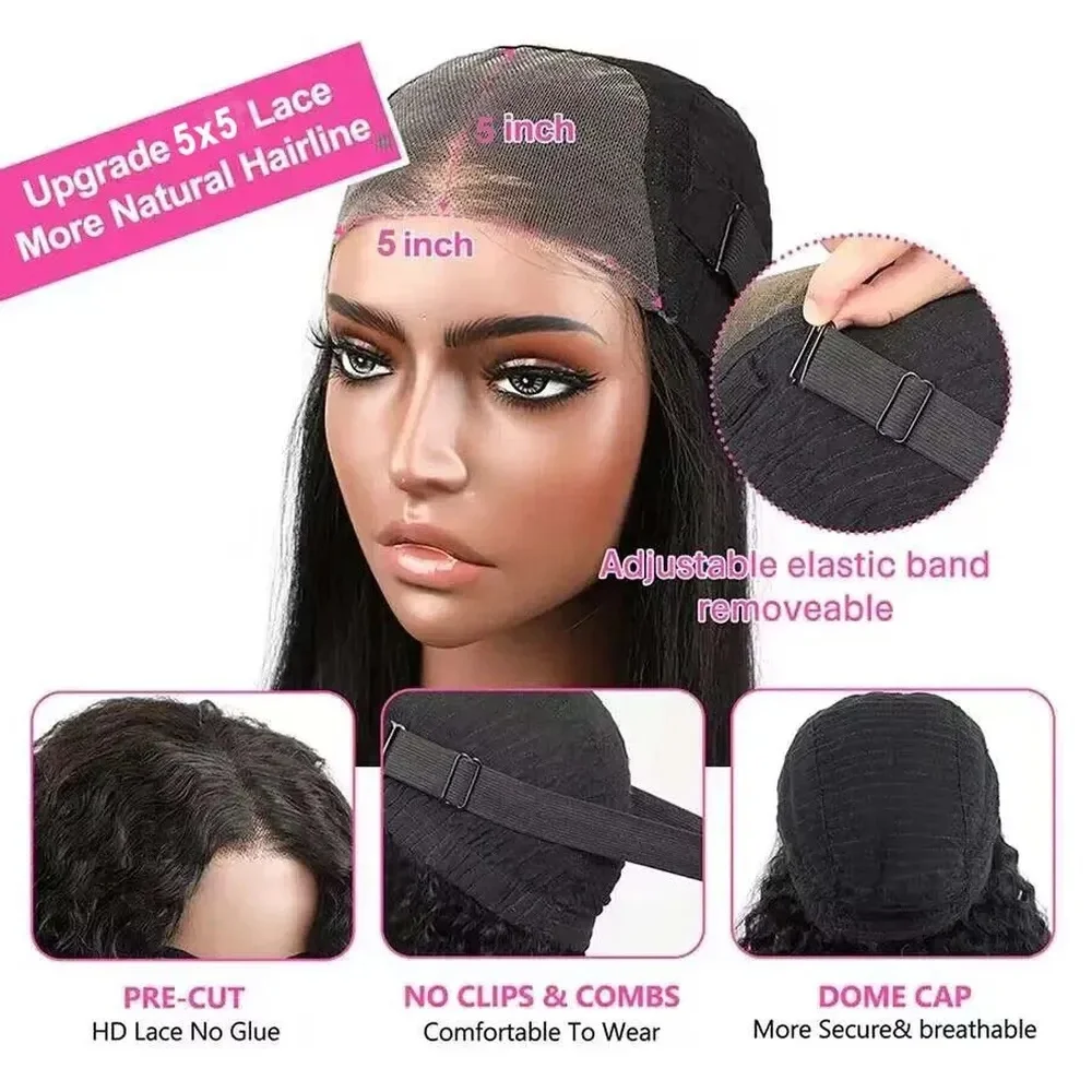 5x5 Glueless Human Hair Wig Straight Ready to Wear Pre Cut Lace Wear and Go Lace Front Wig image 3