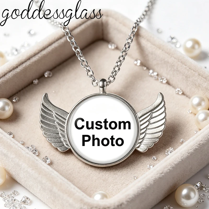 Personalized Custom Photo keychain Wings Pendant Necklace Dad Mom Family Logo Letters Silver Plated Crystal metal chain Gift