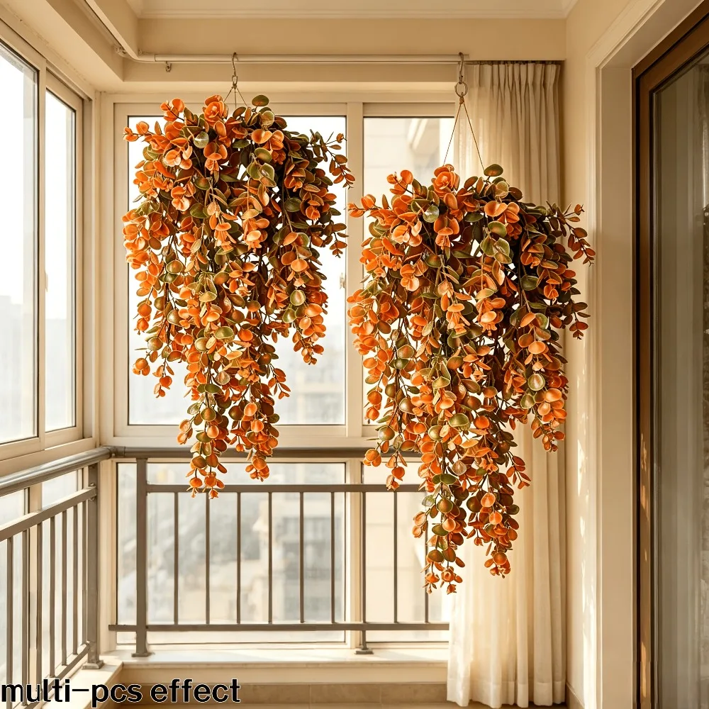 4pcs Fake Hanging Eucalyptus Leaves Faux Trailing Plants Orange Green Artificial Fall Vine for Wall Wedding Party Decoration