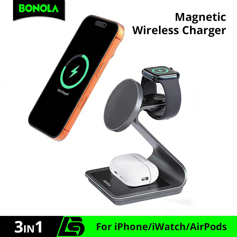 

Bonola 3 in 1 Charging Station for iPhone 17/16/15/14/13 Magnetic Dock Metal Wireless Charger Stand for Apple Watch/AirPods Pro