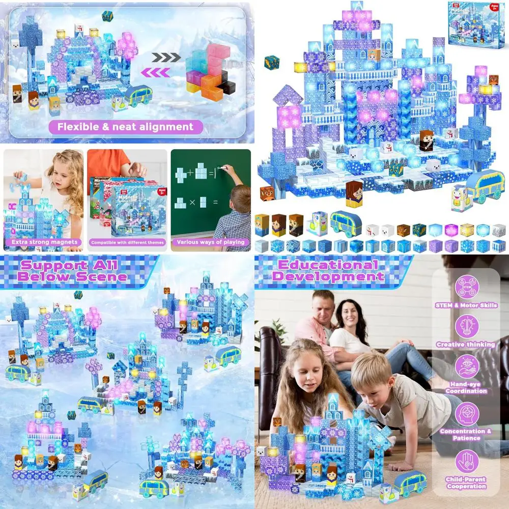 Illuminated Magnetic Building Blocks - 200 Piece Set for Kids 3+, Blue Transparent Cubes, Ideal Gift for Ages 4-12