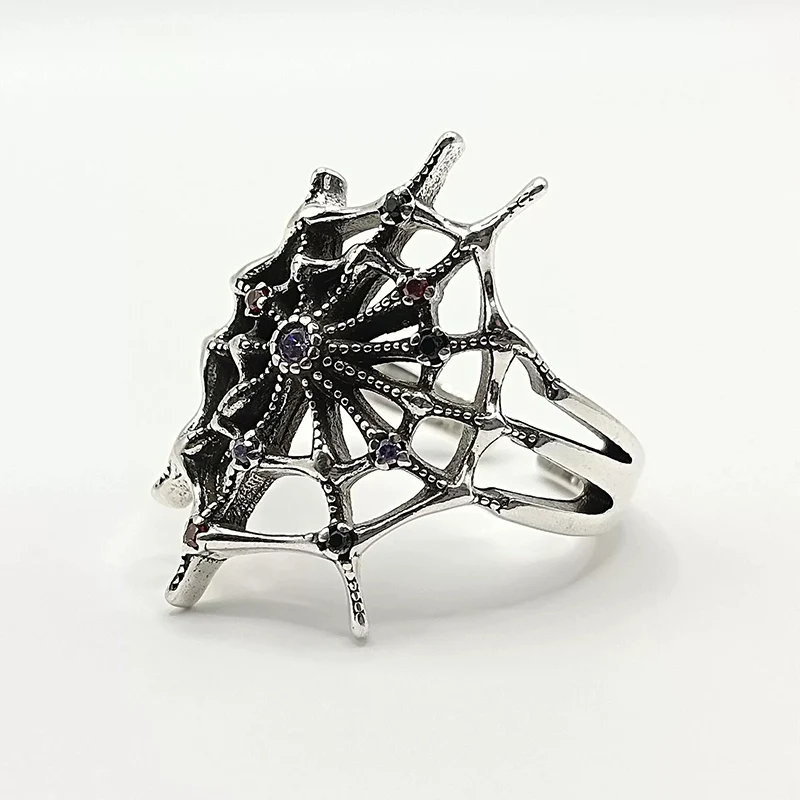 Exaggerated Retro-style Art Deco Ring Thai Silver Intricate Spiderweb Rings Inlay Zircon Finger Jewelry KOFSAC
