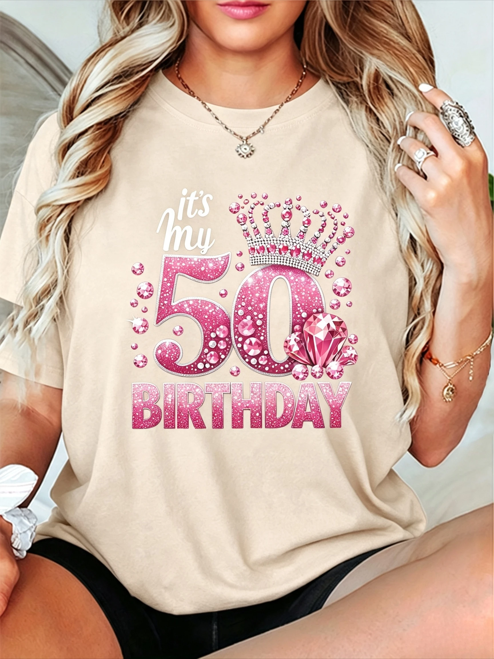 Women Loose Fit Cotton T-shirt 50 Years Old Birthday Queen Crown Letter Graphic Print Party Trend Daily Short Sleeve Tee