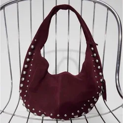 Retro Half Moon Faux Suede Underarm Bags For Women Luxury Designer Handbags And Purses New Vintage Rivet Shoulder Bag