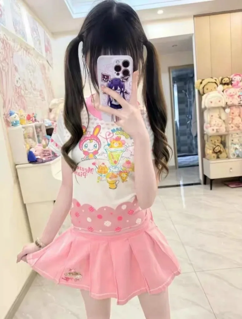 النمط الياباني الكرتون طباعة بلايز المرأة الصيف جديد المرقعة الجنية لطيف الإناث بلايز Harajuku Y2k الجمالية الجرونج عادية تيز