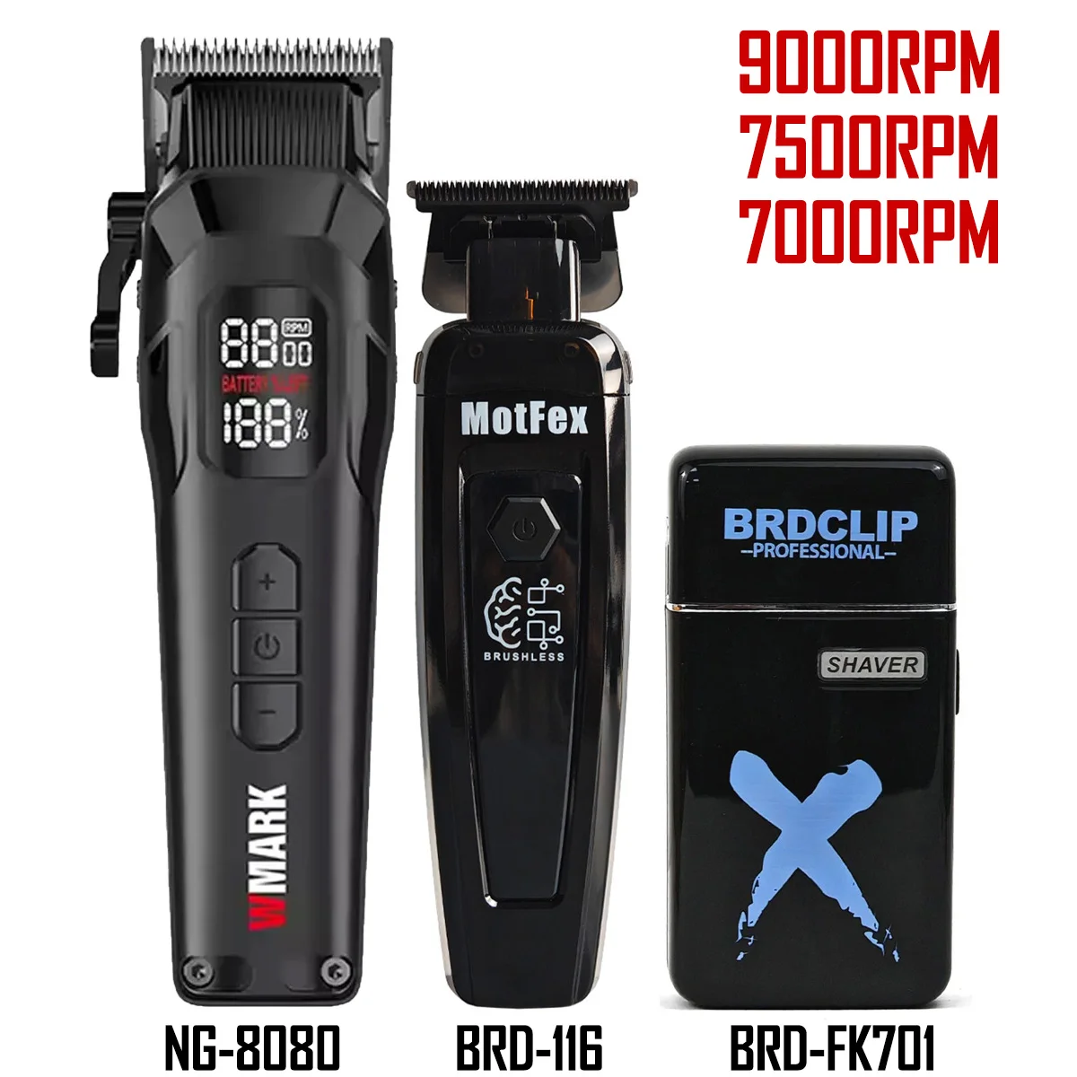 

Профессиональная машинка для стрижки волос WMARK NG-8080, 9000 об/мин, BRDCLIP BRD-116, триммер с бесщеточным двигателем, 7500 об/мин, с зарядной базой, бритва FK701