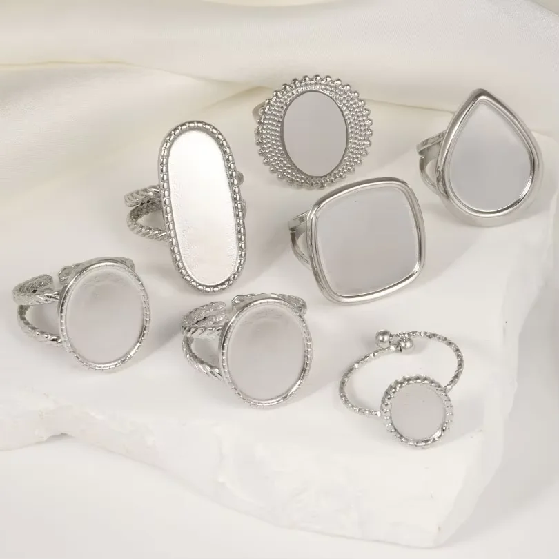 Anneaux classiques ovales en acier inoxydable, 6 pièces, cœur de pêche, goutte d'eau, couleur argent, Base de plateau vierge, bricolage, fabrication de bagues, incrustation de bijoux