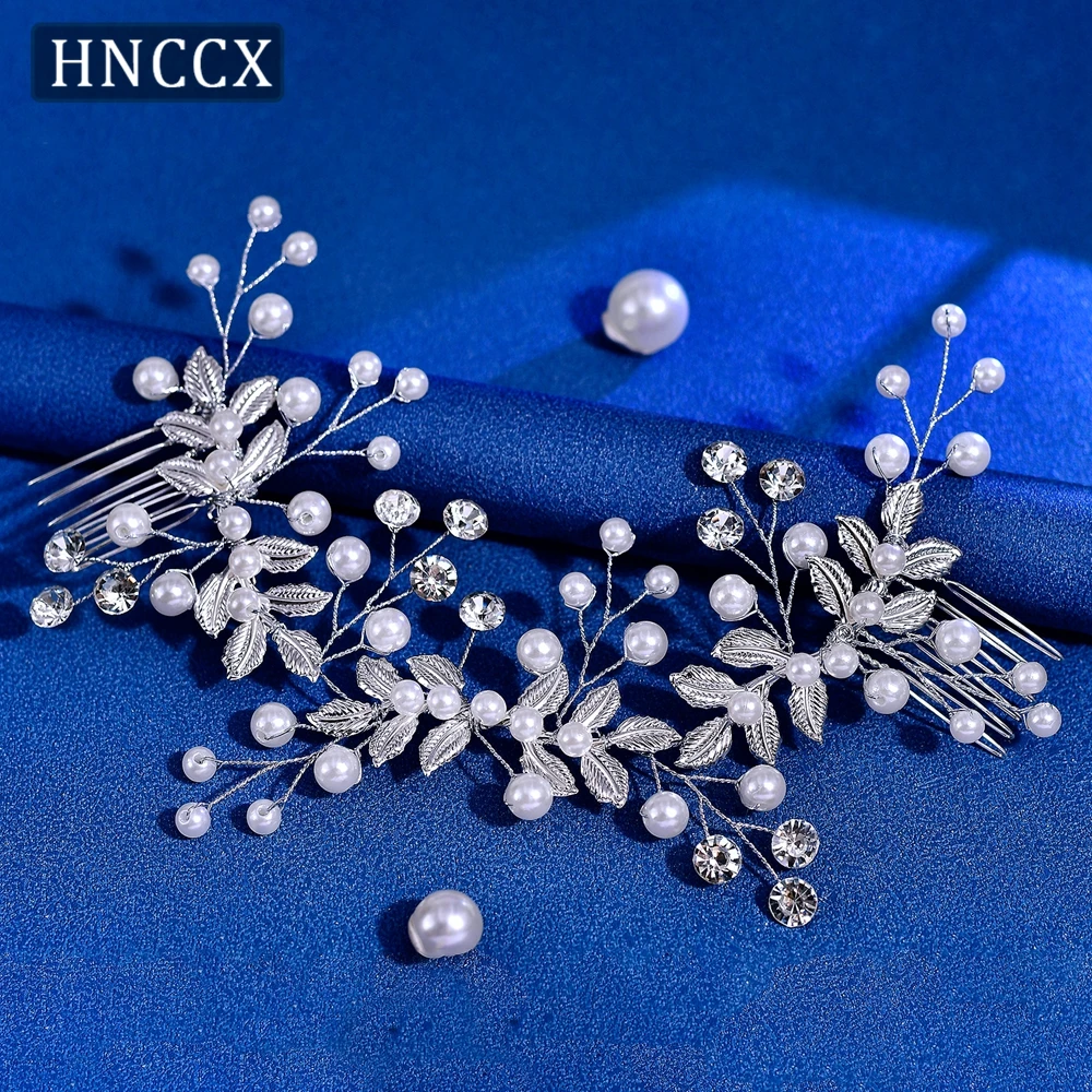 HNCCX Pearl Hair Comb Clip Silver Color Alloy Leaf Hair Comb Headband Tiara For Women Bride Wedding Hair Accessories CP832