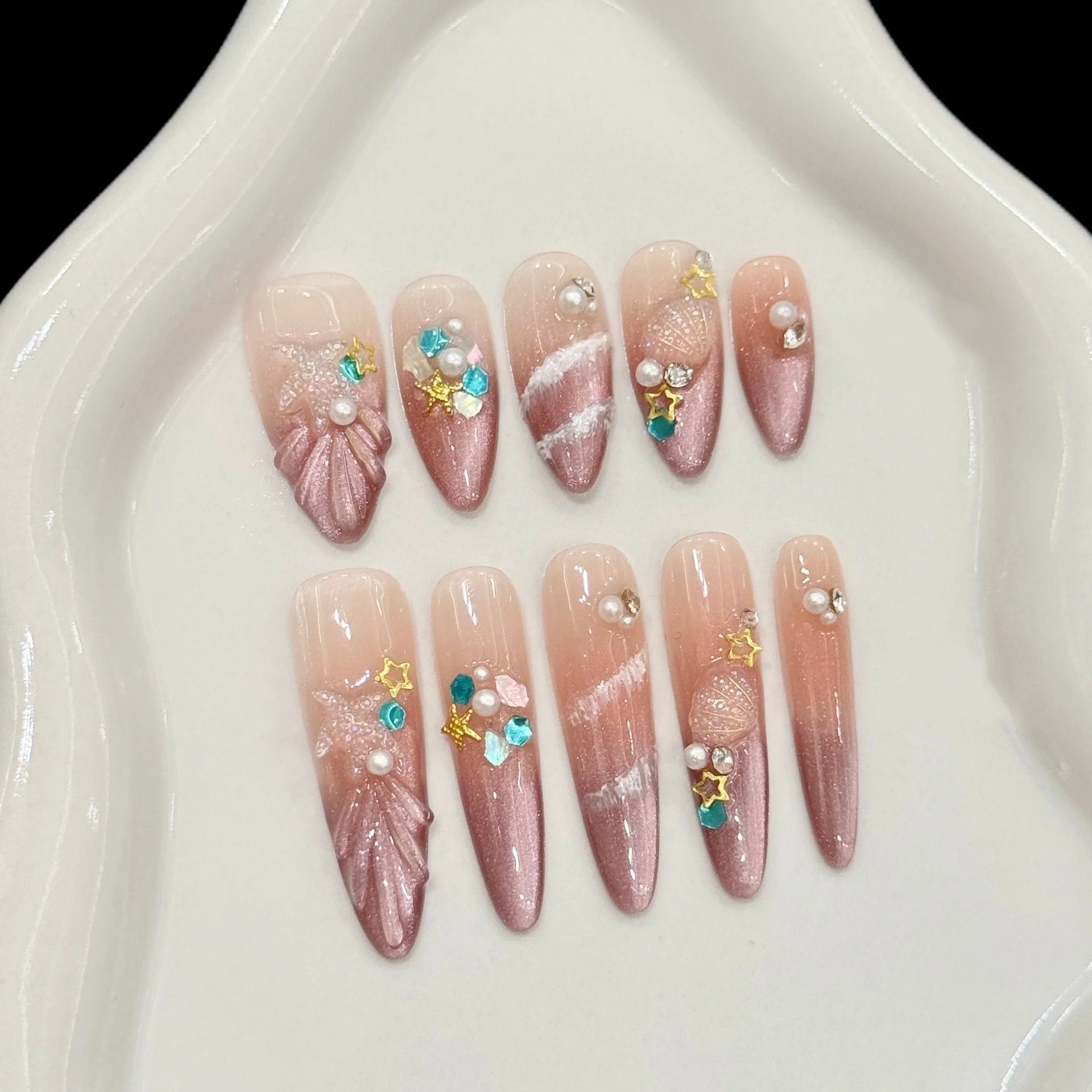 10枚入り ピンク ハンドメイド つけ爪セット オーシャンパール ラインストーン ロングアーモンド フェイクネイル アート データチャブル キャッツアイ チップ 付け爪