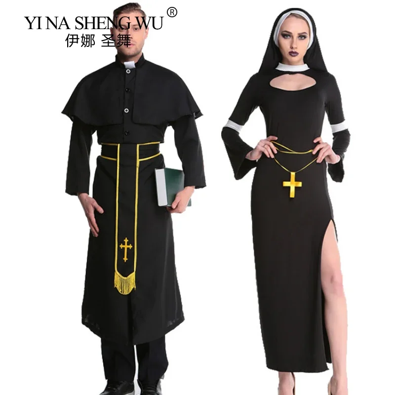 Costume de Cosplay Missionnaire pour Halloween et Carnaval, Robe Longue Noire, Sexy, Religieuse, Ajustable, Prêtre, Nonne, Barrage, pour Femme Adulte