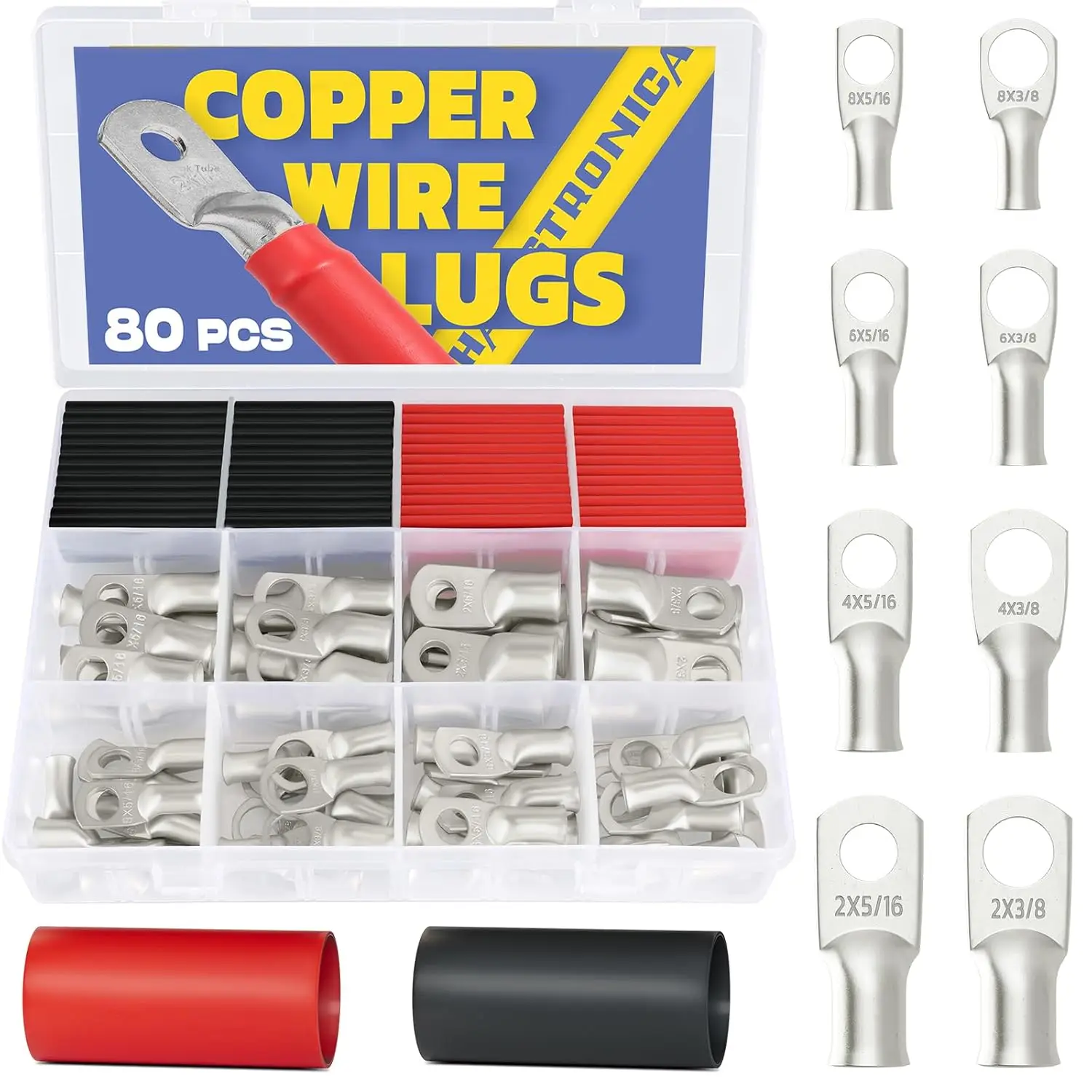 80PCS Tinned Copper Wire Lugs Kit,Heavy Duty Battery Cable Lugs,Eyelets Tubular Ring,Battery Terminals with 3:1 Heat Shrink Tube