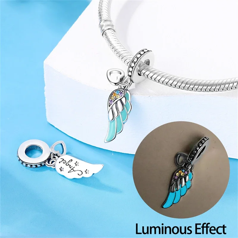 Charms Original 925er Silber vergoldet leuchtende Feder Zirkon Anhänger Perlen passen Armband DIY feines Geschenk Frauen zarter Schmuck