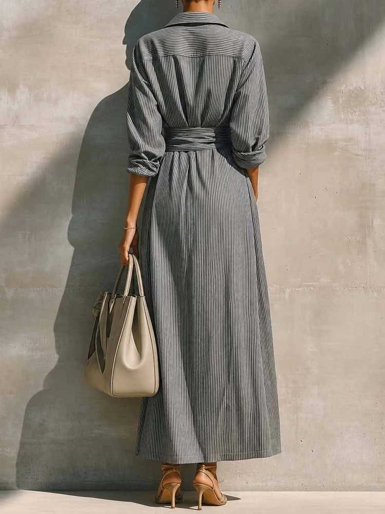 Elegant Women Striped Shirt Maxi Dress Lapel Collar Long Sleeve Wrap Front Tie Belt Waist Side Slit Casual Office Long Dresses