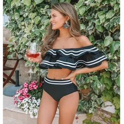 TEELYNN black striped 2024 women bikini set two pieces sexy off shoulder ruffles high waist bathing suits summer beach swimsuits