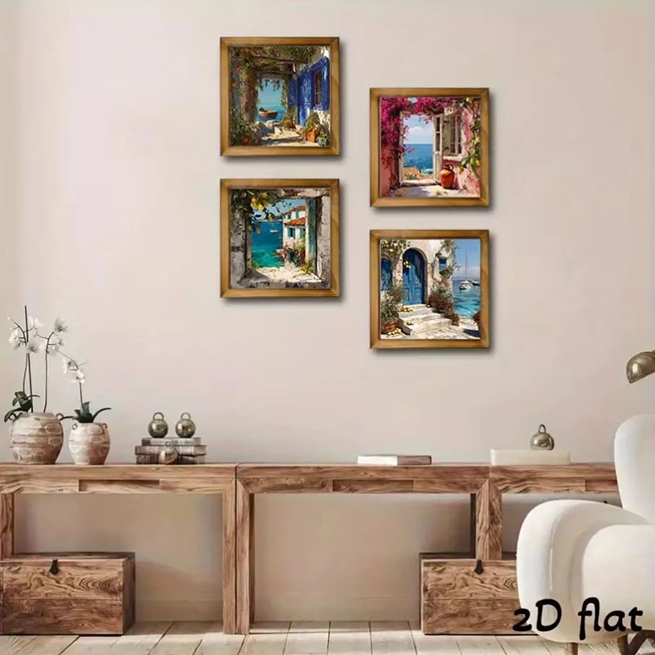4 Pack Wooden Mediterranean Coastal Wall Decor Seaside Village Print Nano Tape Drill Free Home Wall Ornament