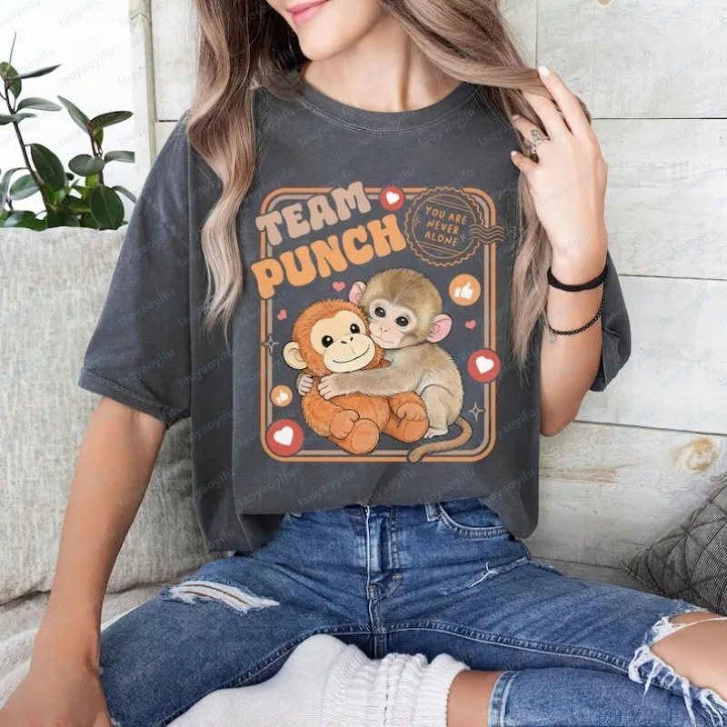 Punch Monkey Print Shirt Viral Punch Monkey New Style Tee You Are Never Alone Tops Trend Classics Casual Streetwear Ropa Mujer