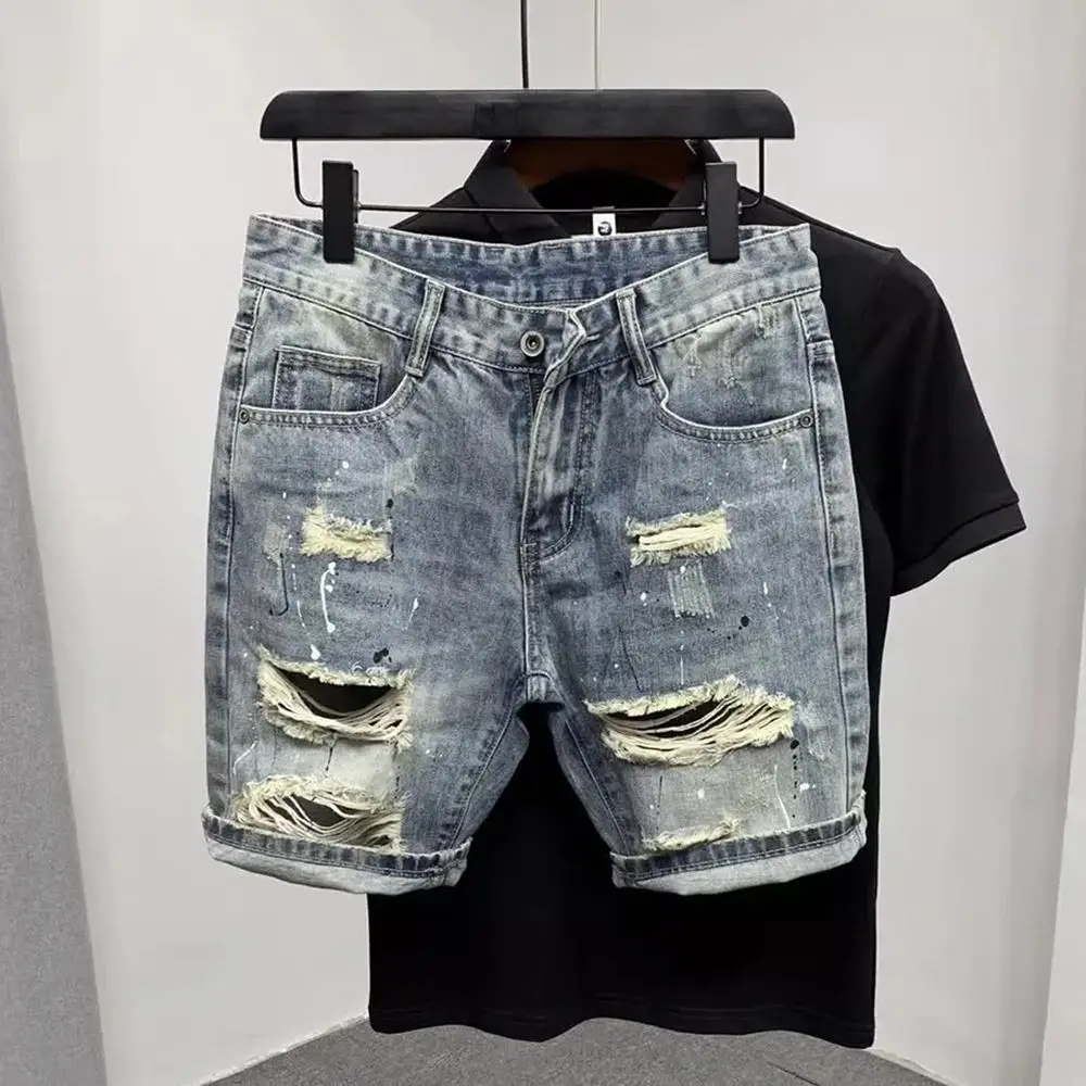 

Mens Summer Denim Shorts Ripped Raw Edge American Retro Shorts Slim Fit Versatile Washed Trendy Men Causal Denim Shorts New 2024